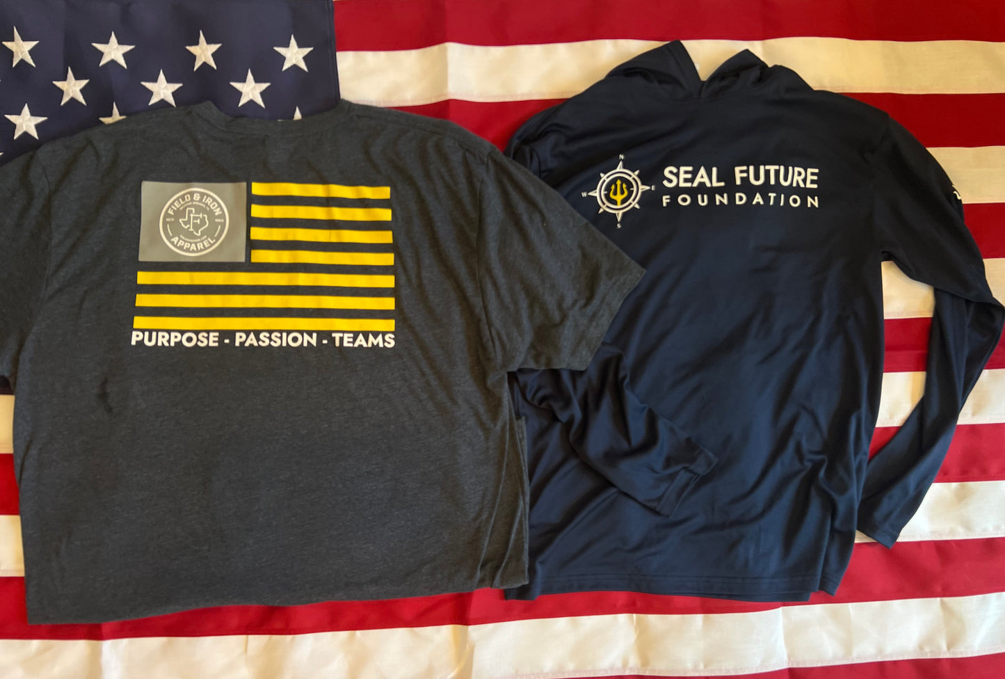 Black t-shirt with American flag design and navy hoodie with 'SEAL Future Foundation' logo on a U.S. flag background.