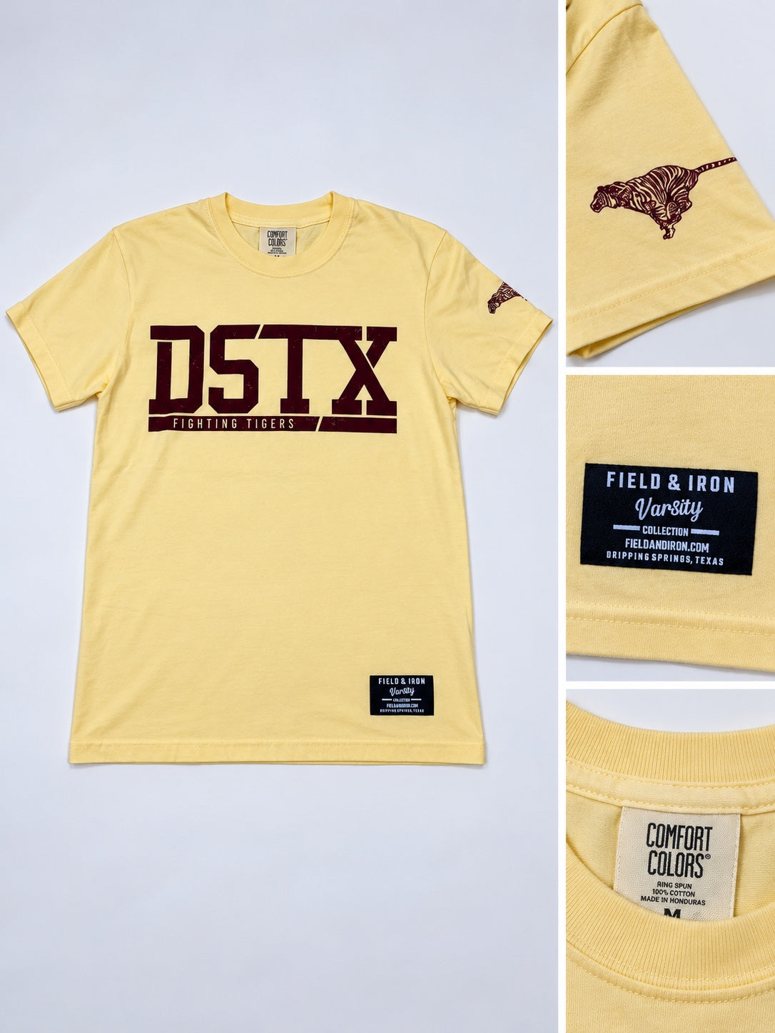 Yellow DSTX varsity t-shirt closeups of sleeve tiger, label and fabric collar
