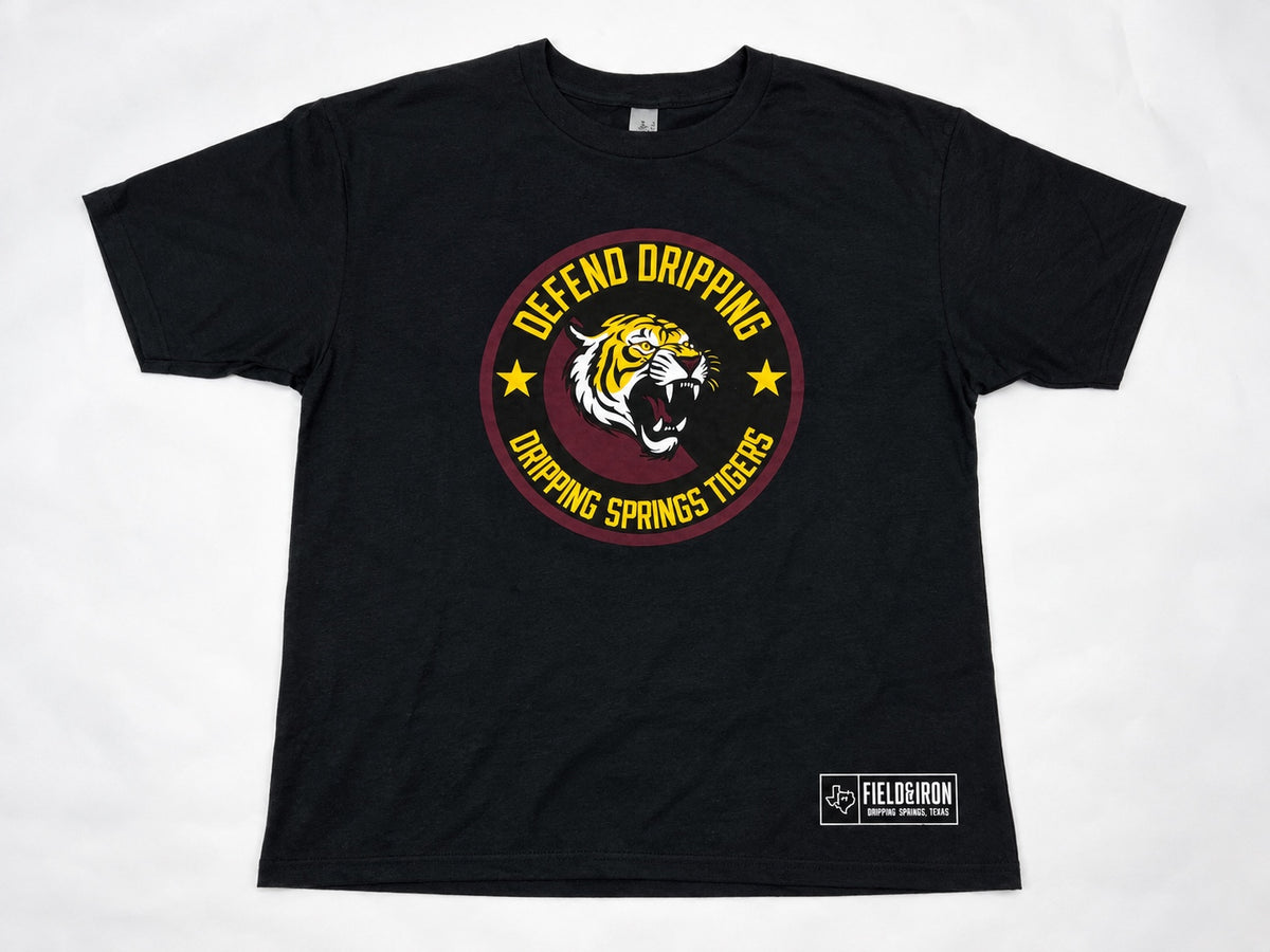 Black Defend Dripping youth T-shirt with maroon and gold Dripping Springs Tigers graphic