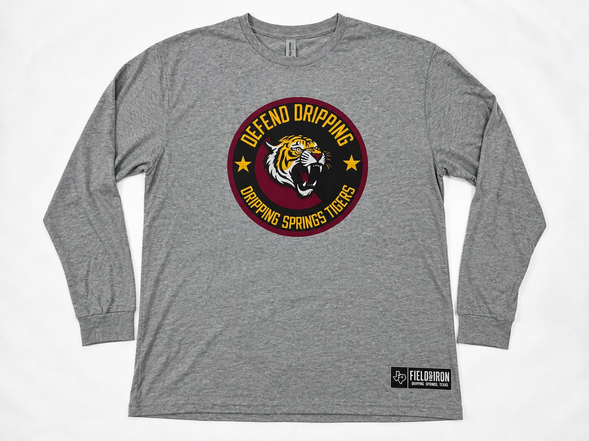 Gray adult long sleeve Defend Dripping shirt with maroon and gold Dripping Springs Tigers graphic