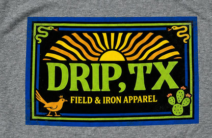 DRIP SUNSHINE chest graphic close-up with sun rays, bird, cactus and field and iron apparel