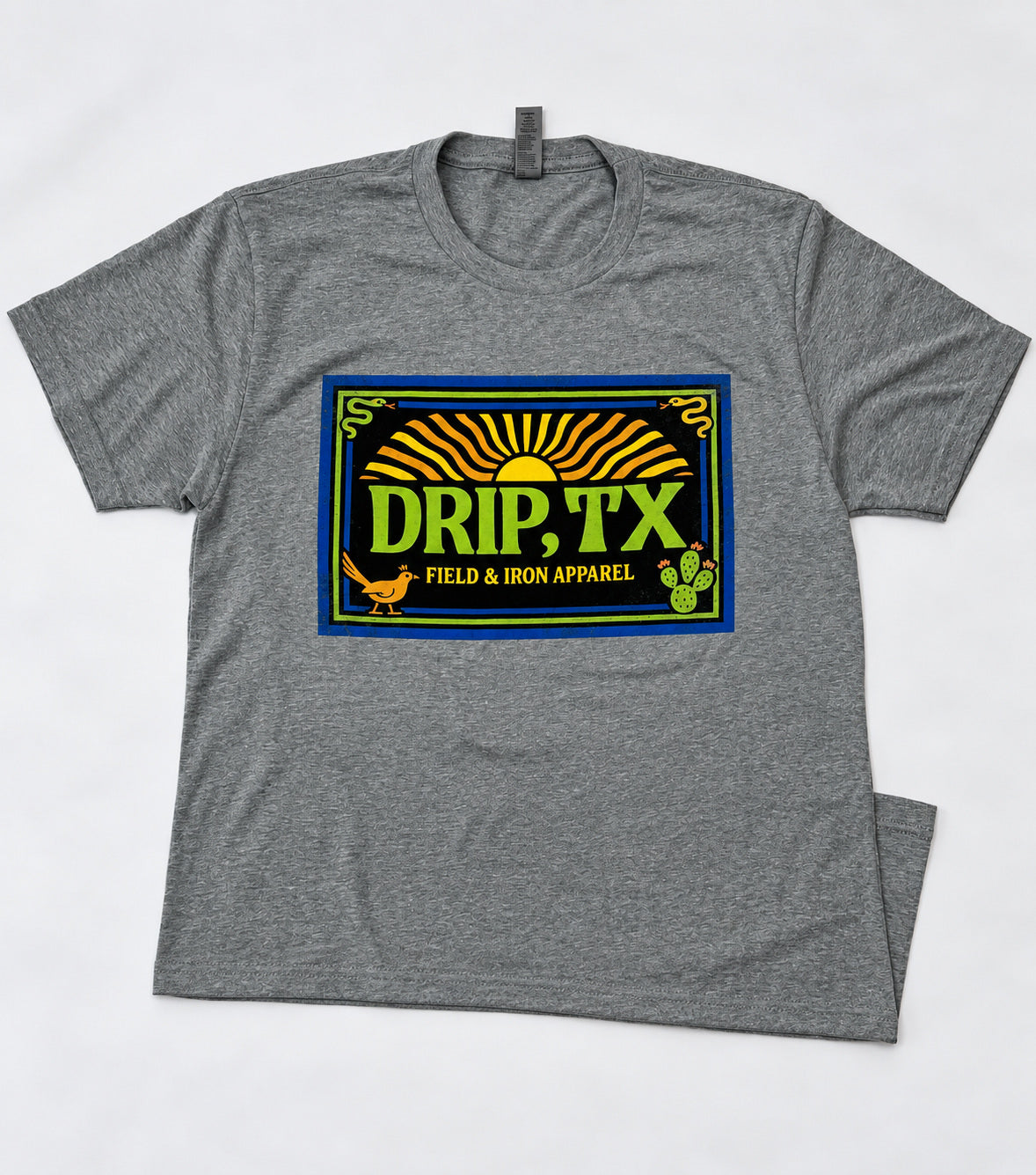 DRIP SUNSHINE gray T-shirt, front view of DRIP TX sunrise graphic
