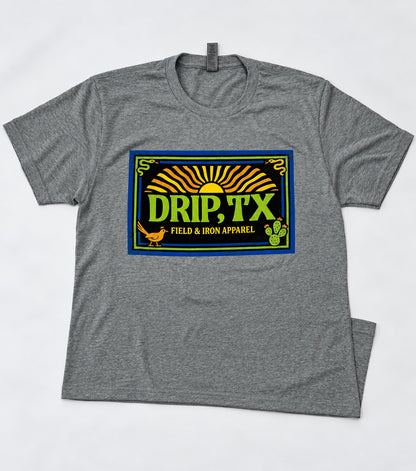 DRIP SUNSHINE gray T-shirt, front view of DRIP TX sunrise graphic