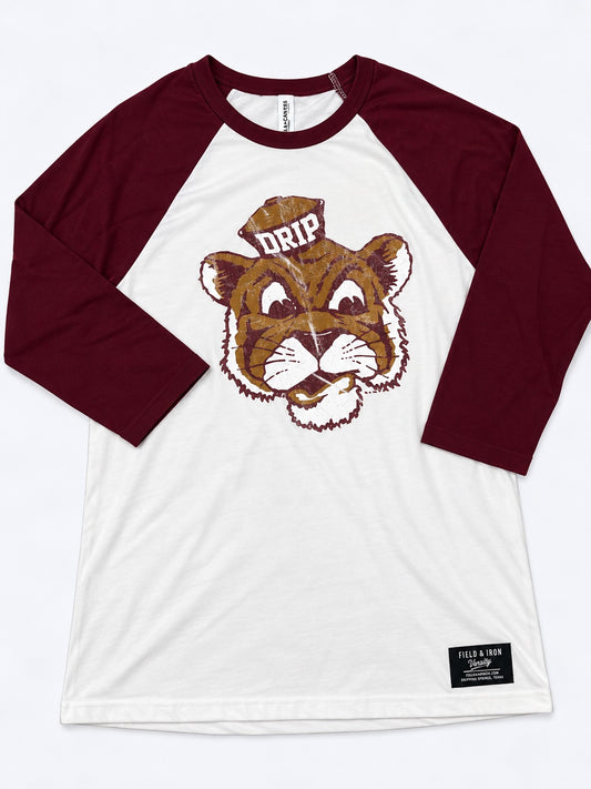 Vintage DRIP tiger graphic on a white raglan shirt with maroon sleeves