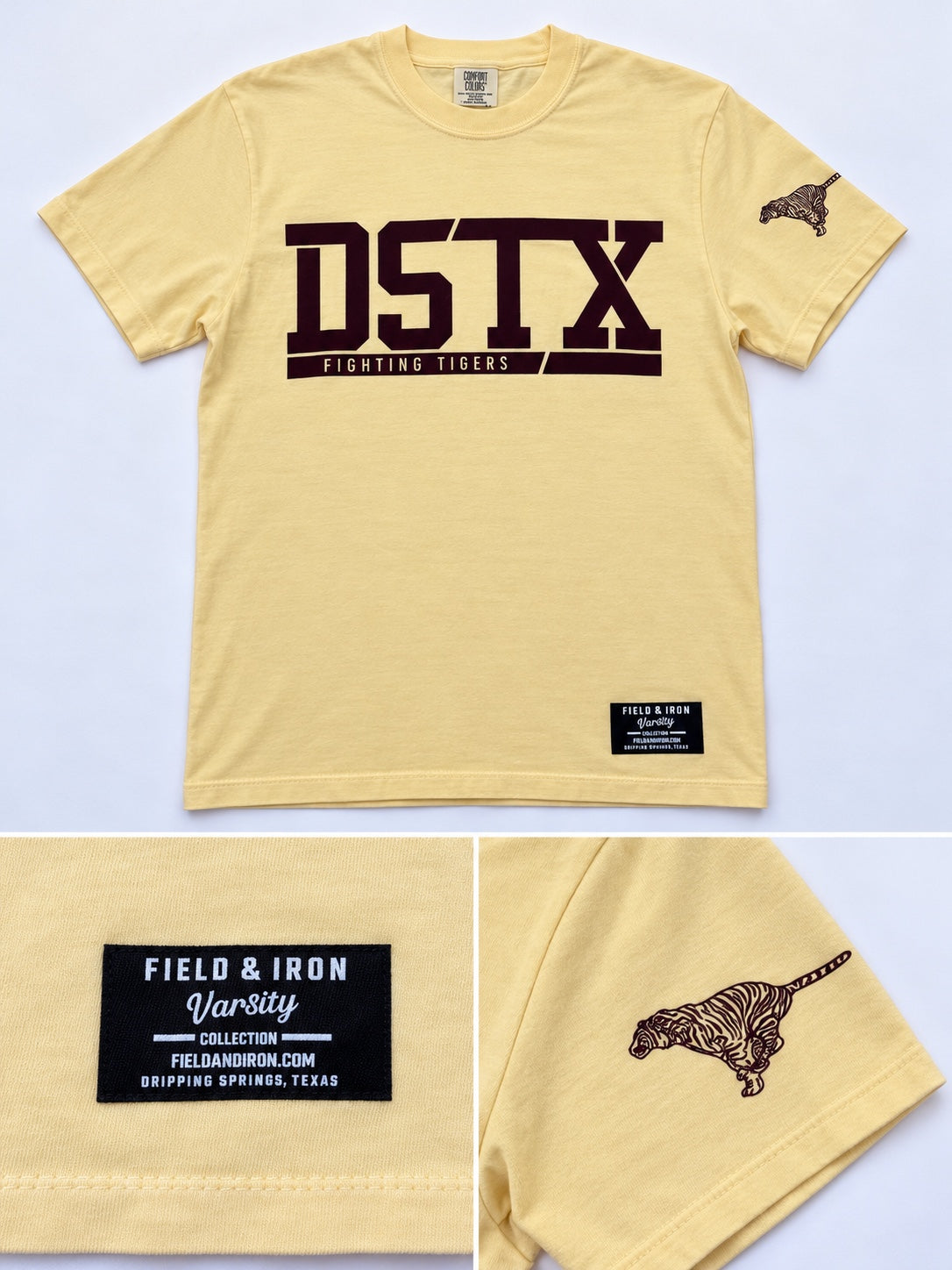 DSTX Fighting Tigers yellow Comfort Colors t-shirt, front view and detail photos