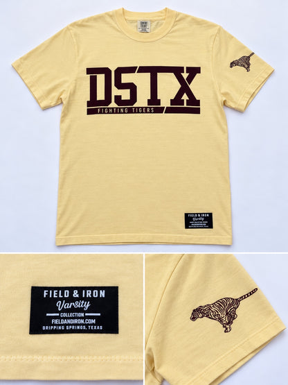 DSTX Fighting Tigers yellow Comfort Colors t-shirt, front view and detail photos