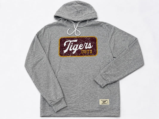 Old School Tigers DSTX Script gray hoodie with distressed maroon-and-gold Tigers DSTX graphic, full front