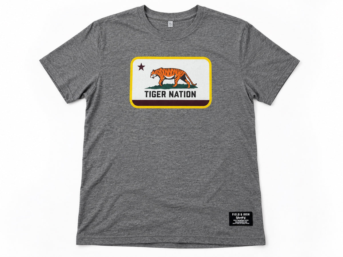 Tiger Nation Adult T-shirt in heather gray, front view of tiger graphic and Varsity label