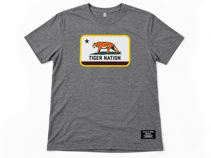 Tiger Nation Adult T-shirt in heather gray, front view of tiger graphic and Varsity label